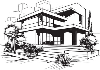 Contemporary Cityline Villa Villa Outline in Bold Black Lines Urban Villa Sketch Sleek City House in Crisp Black