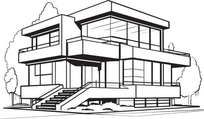 Urban Villa Impression Contemporary City House in Black Outline Cityscape Mansion Sketch Villa Vector Outline in Bold Black