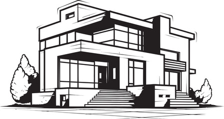 Urban Villa Sketch Modern City House Outline in Crisp Black Stylish Cityline Abode Villa Vector Icon in Sharp Black Lines