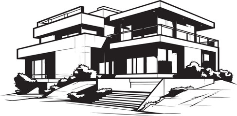 Modern Urban Residence Villa Outline Symbolizing Urban Elegance Cityline Villa Silhouette Black Outline Vector of Urban Living