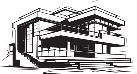 Cityline Villa Silhouette Black Outline Vector of Urban Living Chic Cityscape Villa Sleek City House Icon in Bold Black Outline