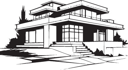 Cityscape Villa Sketch Modern House in Sharp Black Lines Urban Villa Outline Sleek City Living in Bold Black