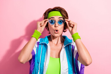 Photo of surprised lady coach trainer look see incredible sport gym sale isolated pastel color background - obrazy, fototapety, plakaty