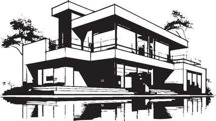Iconic Villa Structure Contemporary Design in Vector Logo Modernist Villa Blueprint Emblematic Structure in Vector Icon