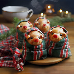 cute mini pigs in blankets, ai generated.