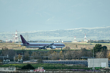 A plane maneuvering on the runways of Madrid Barajas airport
