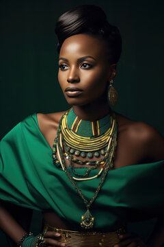 An african woman wearing a colorful traditional dress in gold and emerald