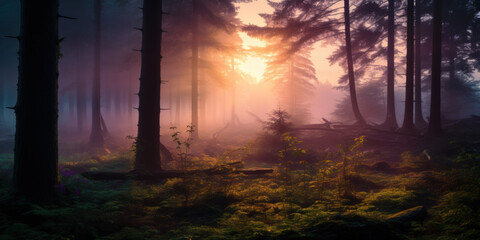 Big magical foggy spring forest at sunrise