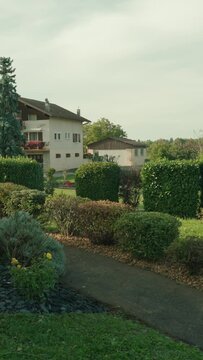 Road between shrubs and trees with rural houses uder blue sky on the horizon, vertical shot