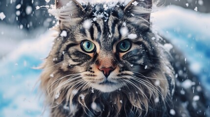 Beautiful cat in the snow outside in winter. A striped fluffy cat walks in the snow in winter. Advertising of products for cats.
Snowy weather, cold outside, snowing. Cute pets. Homeless animals.