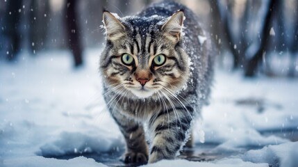 Naklejka na ściany i meble Beautiful cat in the snow outside in winter. A striped fluffy cat walks in the snow in winter. Advertising of products for cats. Snowy weather, cold outside, snowing. Cute pets. Homeless animals.