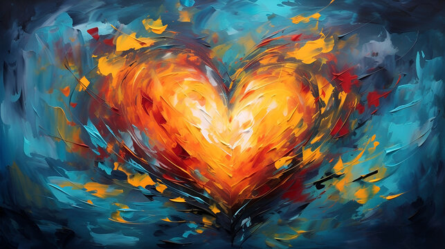 Abstract painting of a heart with fiery colors, expressing passionate love with bold brushstrokes. This image is suitable for modern art decor, creative projects