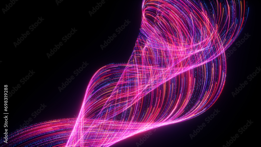 Poster 3d render. abstract neon wallpaper. chaotic vortex of glowing lines and particles isolated on black 