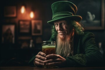 A jovial leprechaun holding a green beer embodies the charm of St. Patrick's Day. Generative AI