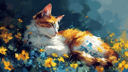 a orange and white calico cat sleeping in a flower garden