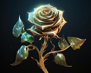 Wonderful fantasy magic flower bioluminescent golden rose. Fairytale green rose flower glow in the dark 3d wallpaper. Magic crystal rose. Surreal glowing 3D rose. Valentine's Day greeting card.