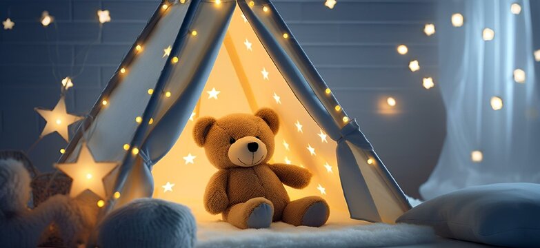 AI generated illustration of a stuffed teddy bear and twinkle stars in a tent in a cozy room