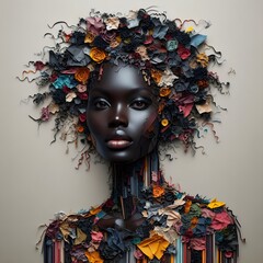 AI generated illustration of a portrait of an African model, created with fabric and paper pieces