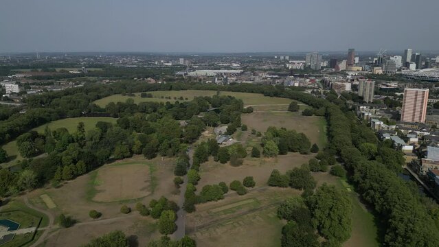 Aerial footage of Victoria Park in the London Borough of Tower Hamlets in East London, England, UK