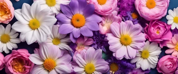 Deurstickers Blooming Elegance: Vivid Purple and White Gerbera Daisy Bouquet Creating a Bright and Beautiful Floral Background, Ideal for Spring and Summer Celebrations, with Copy Space for Customization © Nastassia