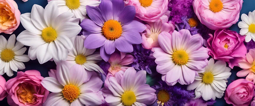 Blooming Elegance: Vivid Purple and White Gerbera Daisy Bouquet Creating a Bright and Beautiful Floral Background, Ideal for Spring and Summer Celebrations, with Copy Space for Customization