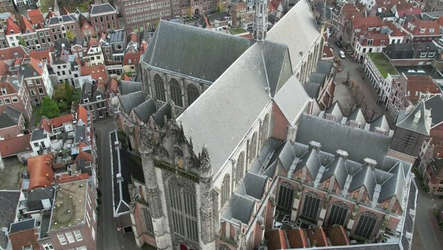 Timelapse drone footage of Hooglandse Kerk protestant church in Leiden, South Holland, Netherlands