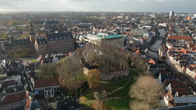 Time-lapse drone footage of Leiden Castle (Burcht van Leiden) in Leiden, South Holland, Netherlands