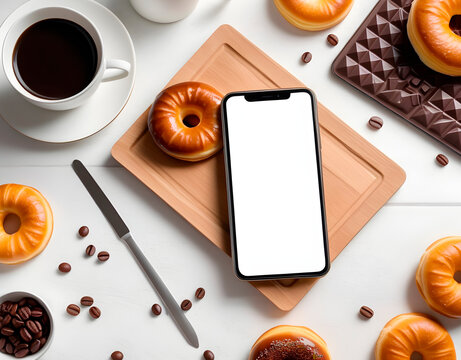 Coffee, croissants and chocolate doughnuts on a table with a smartphone. Generative AI