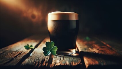 Shamrock Beer: a rustic wooden table featuring a close-up of a pint of dark stout beer. - obrazy, fototapety, plakaty