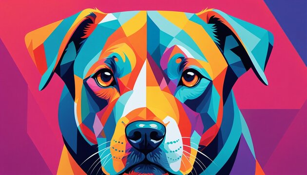 AI Generated Illustration Of A Dog With Colorful Triangles And Eyes On The Face Is Looking Up