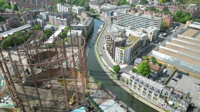 Drone footage of a construction site near Haggerston Canal in London city, England, UK