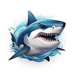Shark logo. Great white shark print. Beware of sharks banner. Shark attack. White shark teeth. Marine dangerous predator sign. Water safety rules. Anger management psychology. Generative ai