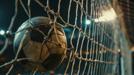 AI generated illustration of a soccer ball suspended inside a net