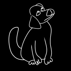 Outline dog sitting turn sideway illustration on black background