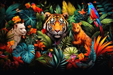 A coloful collage of all the animals of the jungle.