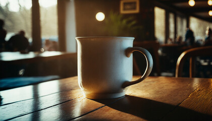 White mug in morning sun, diner, table, closeup