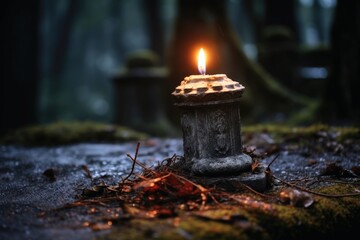 Close up of weathered gravestone with burning candle in front of it. - obrazy, fototapety, plakaty