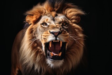 Portrait of roaring male lion on dark background.