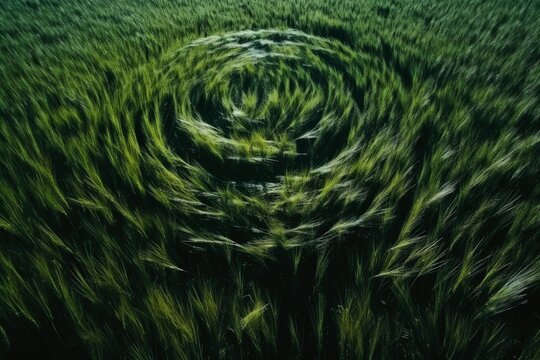 Complex crop circles and patterns in a wheat field viewed from above showing ufo sightings.