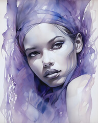 Purple watercolour portrait of a woman - AI generated
