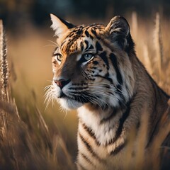 AI generated illustration of a majestic tiger standing stoically in a sea of tall green grass