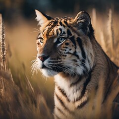 Fototapeta premium AI generated illustration of a majestic tiger standing stoically in a sea of tall green grass