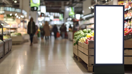 White ad board mock up for product advertisement in the supermarket. Created using generative AI. - obrazy, fototapety, plakaty