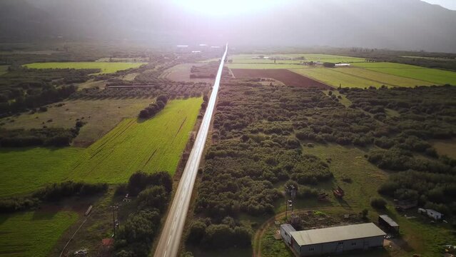 High drone footage of an asphalt road passing through green fields at sunset in Tithorea, Greece