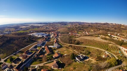 Aerial view of a rural area with vineyards in Langhe and Roero, Italy