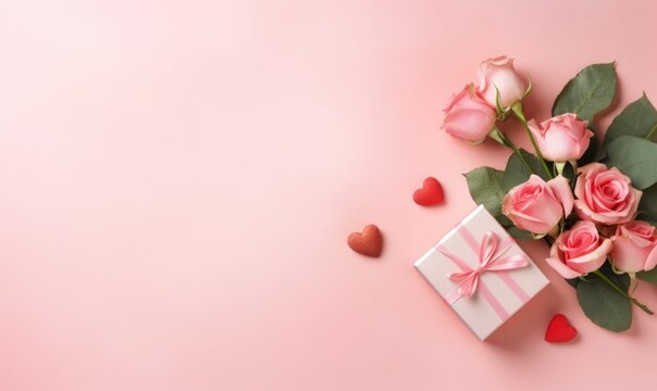 Background flowers and gift box for the holidays Valentine's Day, Birthday, Happy Woman Day, Mother's Day. Holiday poster and banner