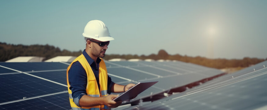 engineer with laptop and tablet maintenance checking installing solar roof panel on the factory rooftop