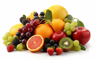 A vibrant display of assorted fresh fruits including grapes, apples, oranges, and berries, isolated on a white background.