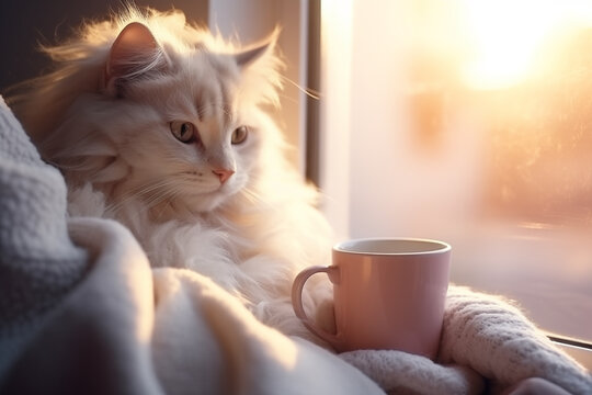 A cozy fluffy cat and a cup of coffee in the arms of a girl wrapped in a blanket, looking out the window. Stock image for peaceful and comforting content.