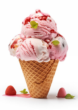A close-up image capturing the rich texture and vibrant colors of a strawberry ice cream cone, adorned with fresh strawberries and mint leaves, isolated on a white background.